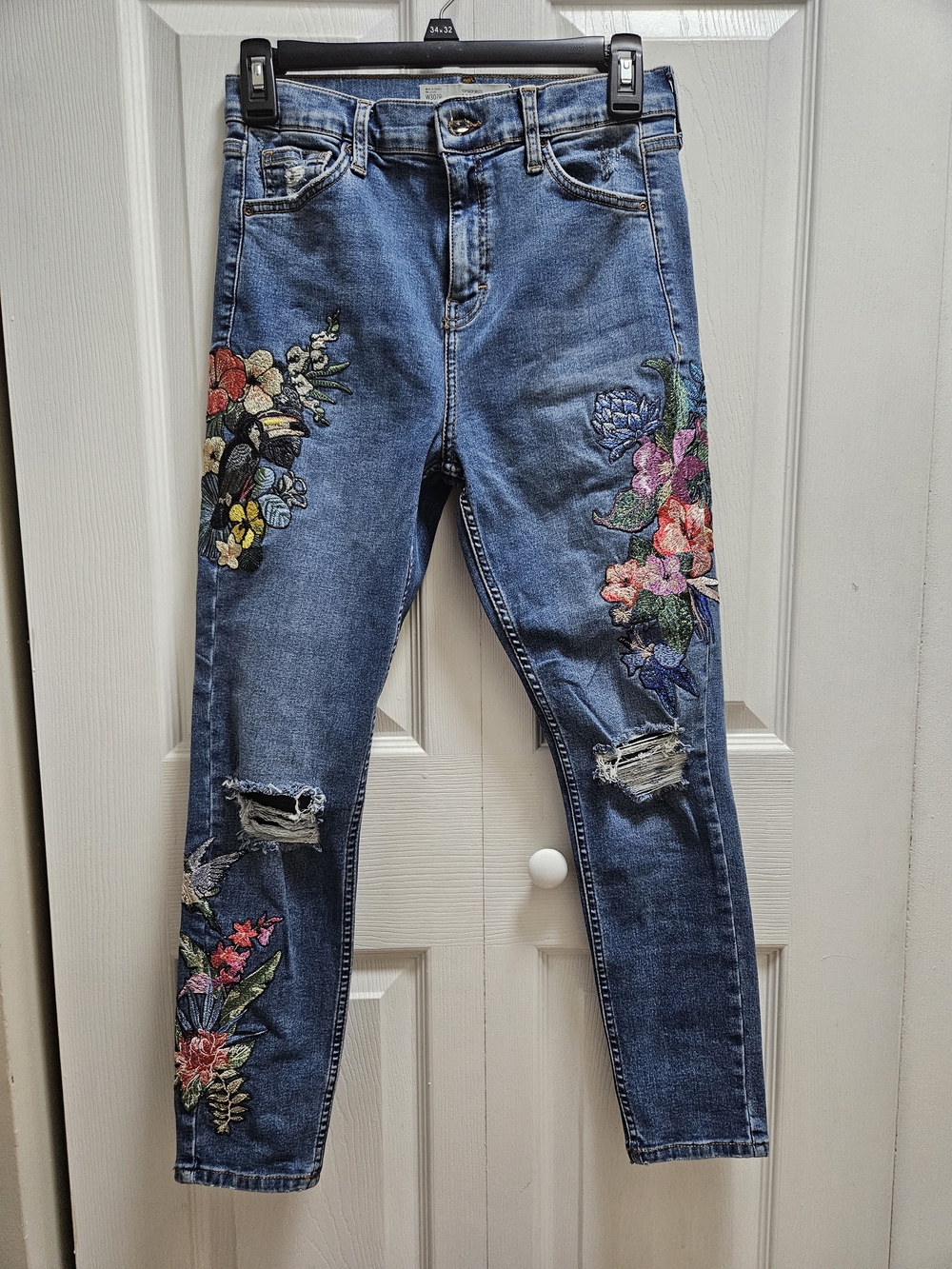 Topshop Moto Jamie Blue Skinny Jeans w/ Multicolor Floral & Birds Embroidery EUC
